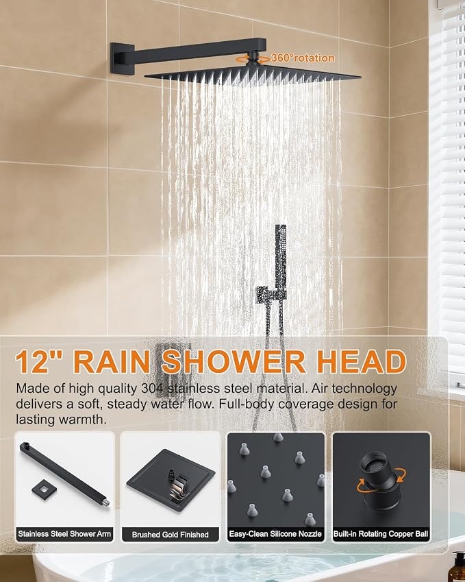 Shower System with Tub Spout, Wall Mounted Bathtub Shower Faucet Set, 12" Rainfall Shower Head and Handheld Shower Combo, High Pressure Shower Fixtures Set with Rough-in Valve, Matte Black