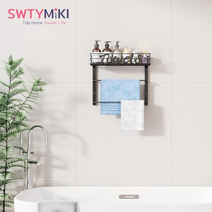 SWTYMIKI Over the Door Towel Racks for Bathroom - 3-Tier Wall Mounted Bathroom Towel Storage Organizer Holder with Metal Shelf, Black