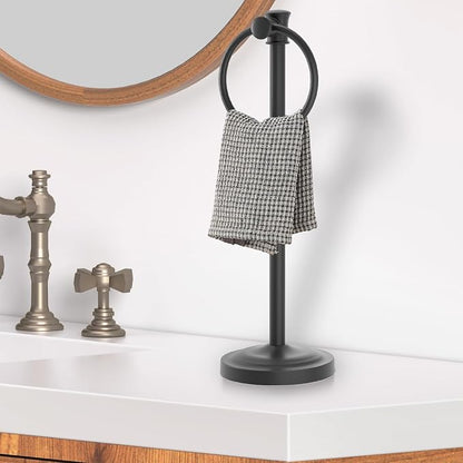 Hoimpro Hand Towel Holder Free Standing Towel Bar Matte Black | Hanging Floor Hand Towel Rack Ring, for Bathroom Kitchen Vanity Countertops, Hardware Accessories SUS 304 Heavy-Duty Base