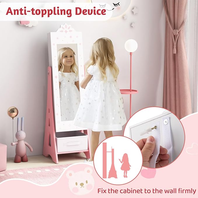 CHARMAID Kids Mirror Jewelry Cabinet - Standing Full Length Mirror with Jewelry Storage, Ring Earring Necklace Jewelry Organizer Box, Kids Vanity Dressing Mirror Jewelry Armoire for Girls (White)