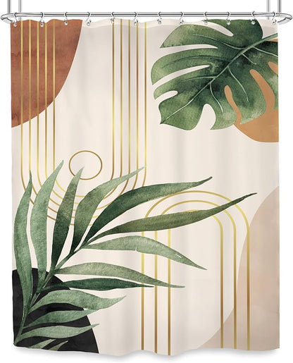 Glawry Standing Mid Century Shower Curtain 54Wx78L Inches Stall Narrow Cute Boho Tropical Boho Palm Leaf Abstract Botanical Plant Green Minimalist Bath Accessories Art Home Decor Fabric 12 Pack Hooks