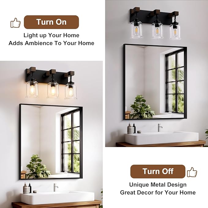 Farmhouse Bathroom Light Fixtures, 3 Light Bathroom Vanity Light, Black Industrial Style with Clear Glass Shades, Wood Bathroom Lighting Fixtures Over Mirror for Bedroom, Living Room