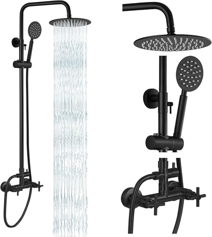 gotonovo Outdoor Shower 304 Stainless Steel, Matte Black, Cross Handle | Rain 8 Inch Outdoor Shower Head with Handheld Kit Fixtures System Faucet Set with Valve Wall Mount for Seaside Backyard Pool