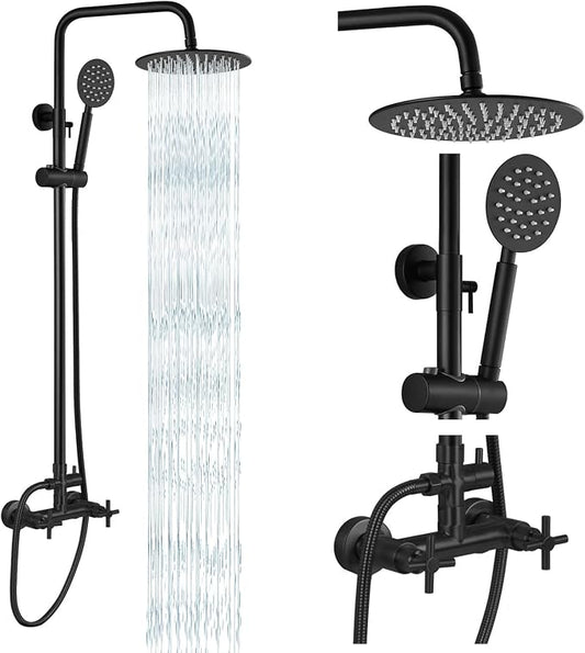 gotonovo Outdoor Shower 304 Stainless Steel, Matte Black, Cross Handle | Rain 8 Inch Outdoor Shower Head with Handheld Kit Fixtures System Faucet Set with Valve Wall Mount for Seaside Backyard Pool