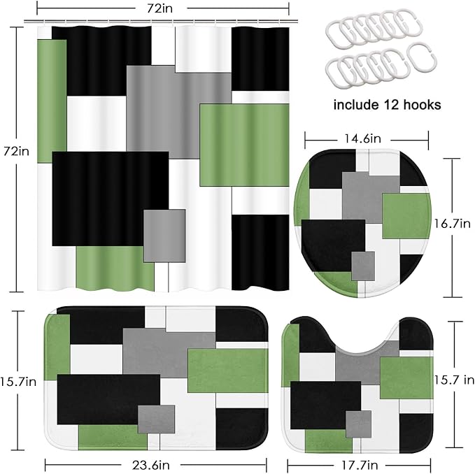 Bathroom Sets with Shower Curtain and Rugs, 4 Pcs, Geometric Sage | Modern Checkered Abstract Bathroom Decor Set with Toilet Lid Cover, Non-Slip Bath Mats and Accessories 12 Hooks