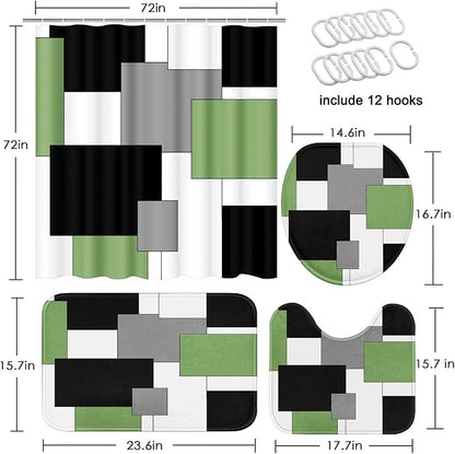 Bathroom Sets with Shower Curtain and Rugs, 4 Pcs, Geometric Sage | Modern Checkered Abstract Bathroom Decor Set with Toilet Lid Cover, Non-Slip Bath Mats and Accessories 12 Hooks