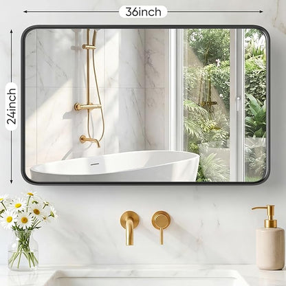 36x24 Inch Bathroom Mirror for Over Sink, Vanity Mirror | Metal Framed Rounded Rectangle,for Wall, Farmhouse, Restroom, Anti-Rust, Horizontal or Vertical Hanging, Black