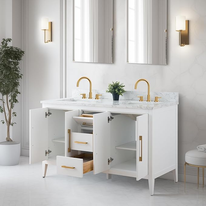 Vanity Art 60 inch Bathroom Vanity with Double Sink & Ceramic Top, Vanity Cabinet with Soft-Closing Doors, Drawers, Solid Wood Frame, White, VA9060-DW-MB1