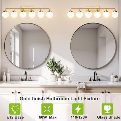 Bathroom Light Fixtures 45.3in 6-Light Brushed Gold Vanity Light for Mirror | Bathroom Lighting Fixtures over Mirror, ETL, Brushed Brass Wall Sconce, Dimmable E12 Base Max 60W, Milky Glass Ball Shades