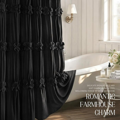 Ruffle Farmhouse Linen Shower Curtain with Vintage Black Linen 72"W x 72"H | Linen Blend Fabric, Ruffle Bow and Ruffled Hem，Linen Texture，Machine Washable，12 Metal Holes and Plastic Hooks