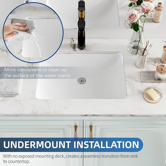 Undermount Bathroom Sink Rectangle, Hugsleek Interior Bowl Size 18 x 13 inch White Porcelain Ceramic Vessel Sink Under Counter Exterior Size 20x15in Rectangular Bath Sink Basin Lavatory Fireclay