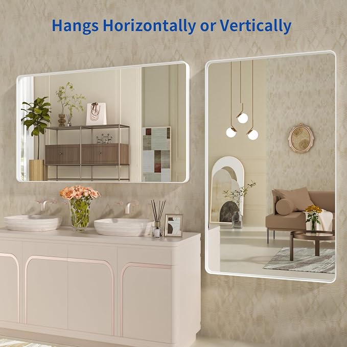 WEER White Metal Framed Bathroom Mirror 55x30 Inch | Rounded Rectangle, Matte White Framed, Tempered Glass, Anti-Rust, Hangs Horizontally or Vertically