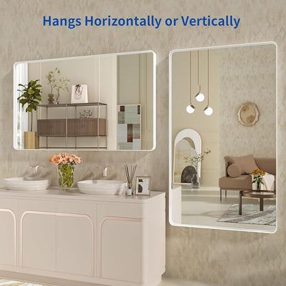 WEER White Metal Framed Bathroom Mirror 55x30 Inch | Rounded Rectangle, Matte White Framed, Tempered Glass, Anti-Rust, Hangs Horizontally or Vertically