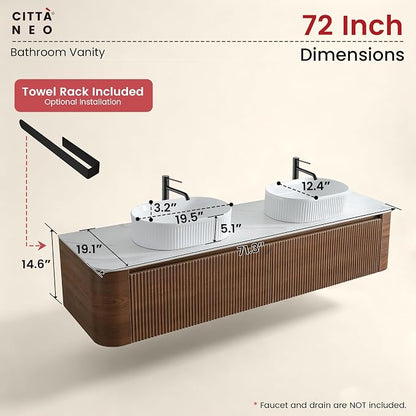 72" Floating Bathroom Vanity with Double White Sink, Walnut | Pre-Assembled Fluted Wall Mounted Vanity with Sintered Stone Countertop, Rounded Edges, Soft-Close Drawers & Towel Rack