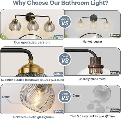 Bathroom Light Fixtures, 3-Light Smokegray Vanity Lights with Unique Leaf Texture Glass Shade, Modern Matte Black and Gold Bathroom Wall Lamp for Mirror Hallway Cabinet Living Room