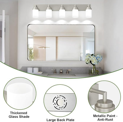 Bathroom Light Fixtures, Brushed Nickel Bathroom Lighting Fixtures Over Mirror, Modern Vanity Light with White Glass Shade, Restroom Lighting Fixtures, 5-Light 36-inch