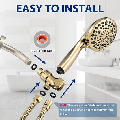 High Pressure 10 Setting Handheld Shower Head, 5" Detachable Showerhead Spray Built-in Power Wash to Clean Tub, Tile & Pets, 79" Extra Long Stainless Steel Hose, Adjustable Bracket - Gold