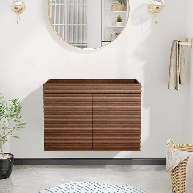 ROOMTEC 36" Bathroom Vanity, Mid-Century Wall Mounted Floating Cabinet with 2 Closing Doors, Wood Grain Texture, Walnut (Sink Basin Not Included)