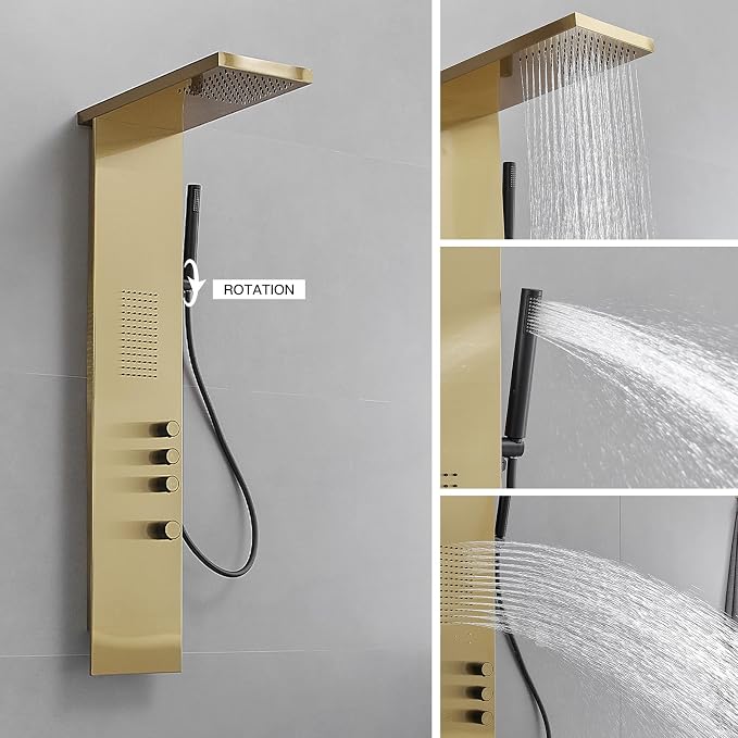 BWE 3 IN 1 Shower Panel Stainless Steel Shower Panel Tower System | Rainfall Shower Head with Handheld Shower and Rain Massage Body Jets Wall Mount Shower System,Brushed Gold