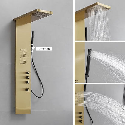 BWE 3 IN 1 Shower Panel Stainless Steel Shower Panel Tower System | Rainfall Shower Head with Handheld Shower and Rain Massage Body Jets Wall Mount Shower System,Brushed Gold