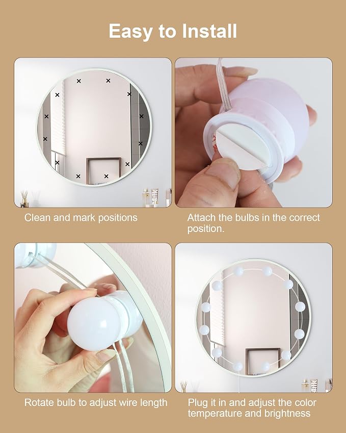 12 Bulbs LED Vanity Lights for Mirror, 3000K 4000K 6500K & 10-Brightness, Wire Length Adjustable, USB Cable, Hollywood Mirror Lights for Makeup Dressing Room Bathroom, White