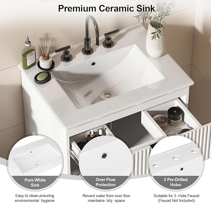 24 inch Bathroom Vanity with Sink, Floating Bathroom Vanity, Wall Mounted Modern Vanity with Ceramic Sink & Soft-Close Drawers, Floating Storage Cabinet with Sink for Small Space, White