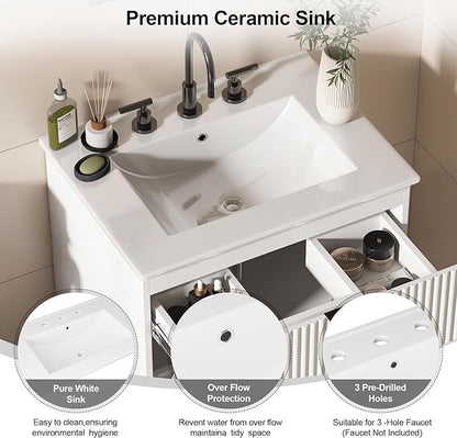 24 inch Bathroom Vanity with Sink, Floating Bathroom Vanity, Wall Mounted Modern Vanity with Ceramic Sink & Soft-Close Drawers, Floating Storage Cabinet with Sink for Small Space, White