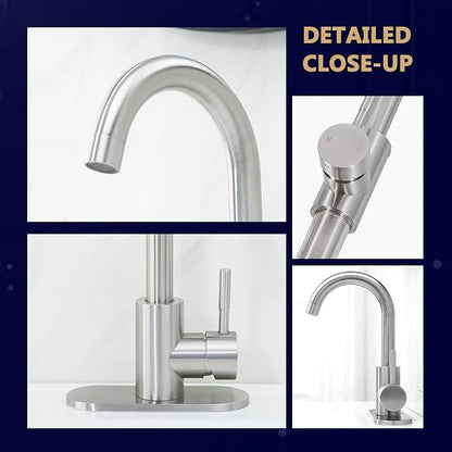 Comllen Wet Bar Sink Faucet, Brushed Nickel, Lead-Free 304 Stainless Steel, 360° Swivel, Single Handle, Small Prep Sink Faucets with Deck Plate for RV Outdoor Laundry Vanity Lavatory