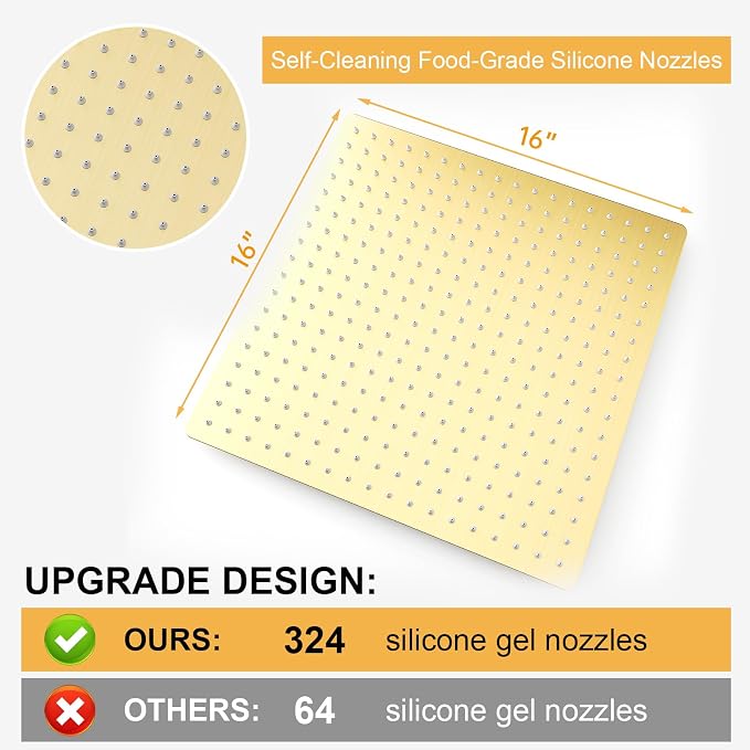 16 In Rain Shower Head High Pressure Rainfall Shower Head Brushed Gold | Square Rain Bathroom Showerhead, High Flow, Large Stainless Steel, Ceiling Mounted, Wall Mounted, Waterfall Full Body
