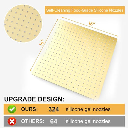 16 In Rain Shower Head High Pressure Rainfall Shower Head Brushed Gold | Square Rain Bathroom Showerhead, High Flow, Large Stainless Steel, Ceiling Mounted, Wall Mounted, Waterfall Full Body