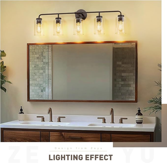 zeyu Oil Rubbed Bronze 36.9-Inch 5-Light Bathroom Wall Light, ZS62B-5W ORB | Oil Rubbed Bronze Vanity Wall Light, 36.9-Inch 5-Light Design, Clear Glass Shades, Hardwired, Up/Down Mount, ETL Listed