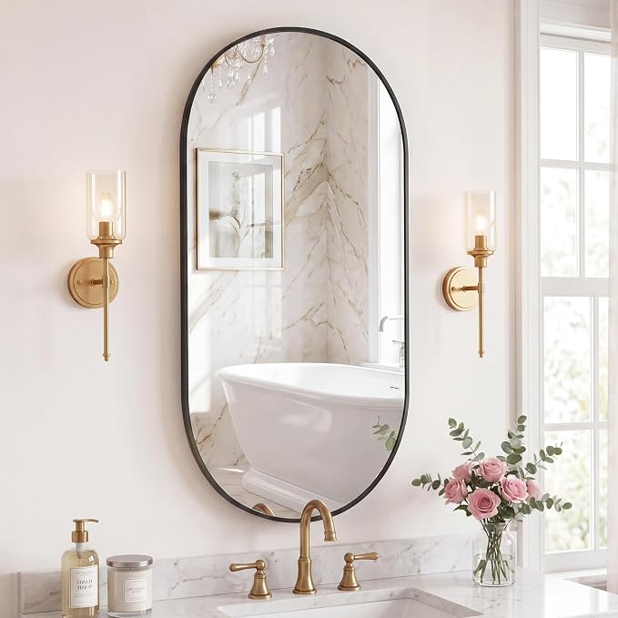 DUMOS 24" x 48" Oval Bathroom Mirror, Black Wall Mirrors with Metal Frame | Tempered Glass, Morden Vanity Mirror for Over Sink, Entryway, Living Room, Bedroom, Horizontal or Vertical