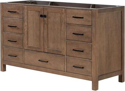 ARIEL Cambridge 60-inch Bathroom Vanity Base Cabinet,Solid Wood, 2 Soft Closing Doors, 9 Dovetail Drawers, Brown Oak