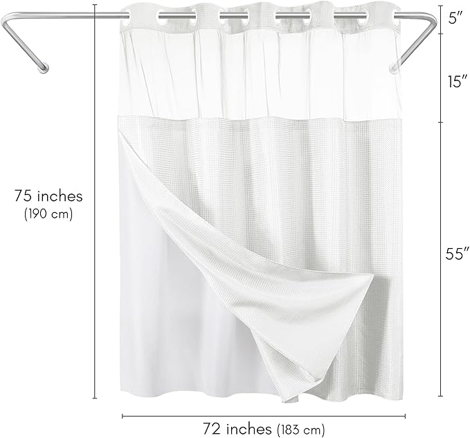 Americanflat 72x75 Hookless Waffle Pattern Shower Curtain - Water-Resistant Long Shower Curtain with Sheer Panel, Snap-in Liner, and Durable Grommets - 100% Polyester - White