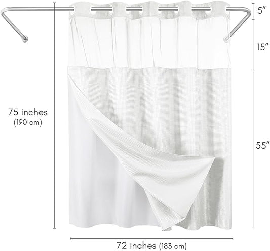 Americanflat 72x75 Hookless Waffle Pattern Shower Curtain - Water-Resistant Long Shower Curtain with Sheer Panel, Snap-in Liner, and Durable Grommets - 100% Polyester - White