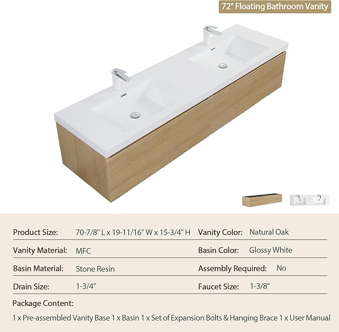 72'' Floating Bathroom Vanity with Sink Combo, Modern Wall-Mounted Striped Bathroom Storage Cabinet with Soft-Close Drawer and Double Glossy White Solid Surface Basins, Natural Oak
