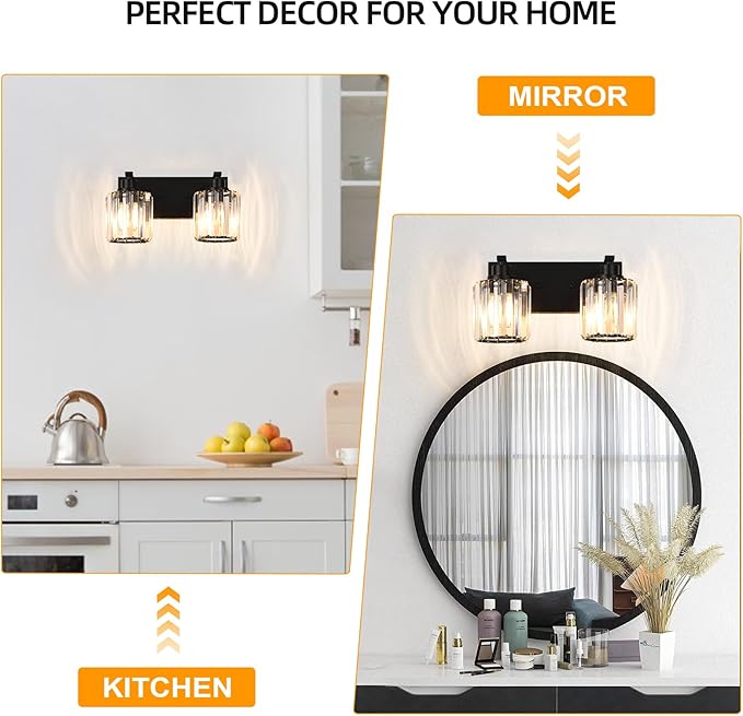 2 Lights Crystal Bathroom Vanity Light Modern Black Bathroom Light Fixture Over Mirror Vanity Lights for Bedroom,Restroom,Hallway E26 Base
