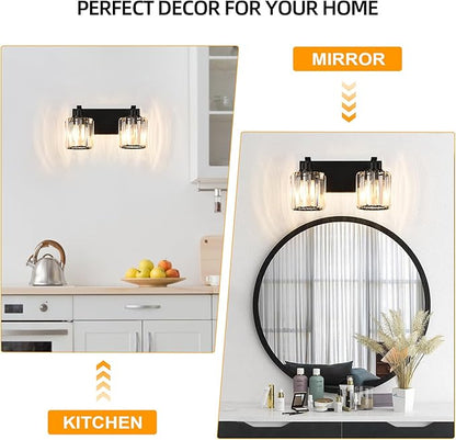 2 Lights Crystal Bathroom Vanity Light Modern Black Bathroom Light Fixture Over Mirror Vanity Lights for Bedroom,Restroom,Hallway E26 Base