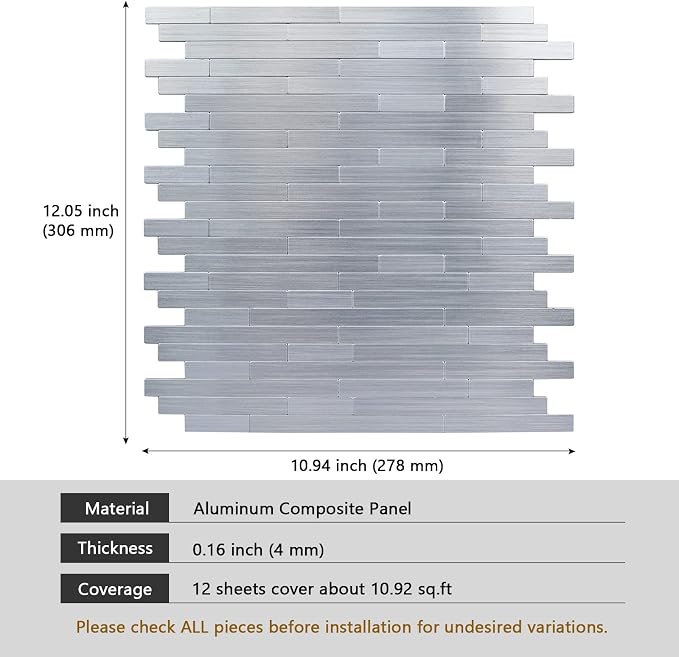 Kitchen Backsplash Tiles Peel and Stick, Stainless Steel Backsplash Brushed Aluminum Mini Subway Mosaic Wall Tiles (12 Sheets, Linear)