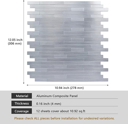 Kitchen Backsplash Tiles Peel and Stick, Stainless Steel Backsplash Brushed Aluminum Mini Subway Mosaic Wall Tiles (12 Sheets, Linear)