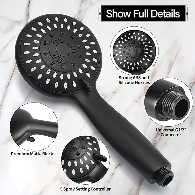 Handheld Shower Head High Pressure 5-Settings with Hose, Matte Black | Powerful Water Spray, Against Low Pressure Water Flow, 59 Inch Stainless Hose, Adjustable Mount