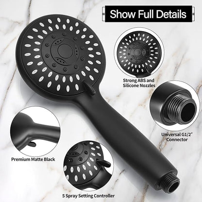 Handheld Shower Head High Pressure 5-Settings with Hose, Matte Black | Powerful Water Spray, Against Low Pressure Water Flow, 59 Inch Stainless Hose, Adjustable Mount