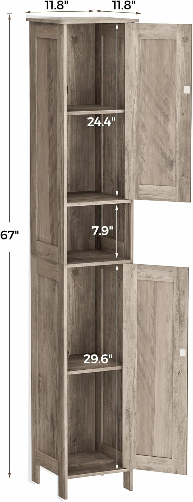 Tall Bathroom Storage Cabinet with 2 Doors, 67"H Narrow Storage Cabinet with Adjustable Shelves& Anti-Tip Design, Reversible Door Installation, Easy Assembly, 11.8 x 11.8 x 66.9 Inches, Greige