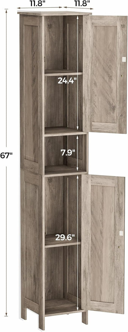 Tall Bathroom Storage Cabinet with 2 Doors, 67"H Narrow Storage Cabinet with Adjustable Shelves& Anti-Tip Design, Reversible Door Installation, Easy Assembly, 11.8 x 11.8 x 66.9 Inches, Greige