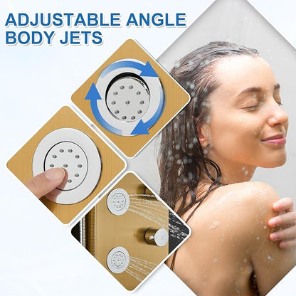 Shower Panel Tower System with Rainfall & Waterfall Shower, 5 Body Jets, 3-Function Handheld, 304 Stainless Steel Shower Tower Column, Gold