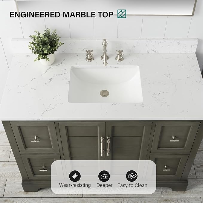 HOMEBEYOND 48 Inch Bathroom Vanity with Single Sink & Ceramic Top, Vanity Cabinet with Center Countertop Basin, Soft-Closing Doors, Backsplash,Sliver Grey