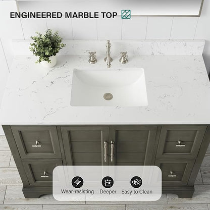 HOMEBEYOND 48 Inch Bathroom Vanity with Single Sink & Ceramic Top, Vanity Cabinet with Center Countertop Basin, Soft-Closing Doors, Backsplash,Sliver Grey