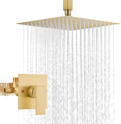 Airuida 10 Inch Brushed Gold Shower Faucet Set,Rainfall Shower System | Ceiling Shower Head,Male Thread Rough-in Valve,Ceiling Mount,Single Handle