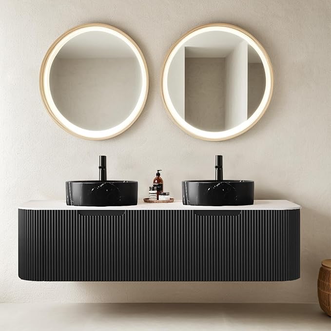 Ambrovina 60" Floating Bathroom Vanity with Double Sink, Modern Storage Cabinet with Marble Countertop and Ceramic Sink, Soft-Close Design, Natural Solid Wood Cabinet, Pre-Assembled, Gloss Black