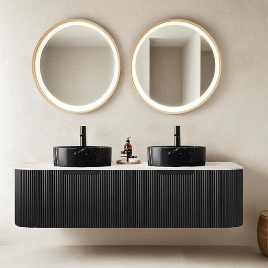 Ambrovina 60" Floating Bathroom Vanity with Double Sink, Modern Storage Cabinet with Marble Countertop and Ceramic Sink, Soft-Close Design, Natural Solid Wood Cabinet, Pre-Assembled, Gloss Black